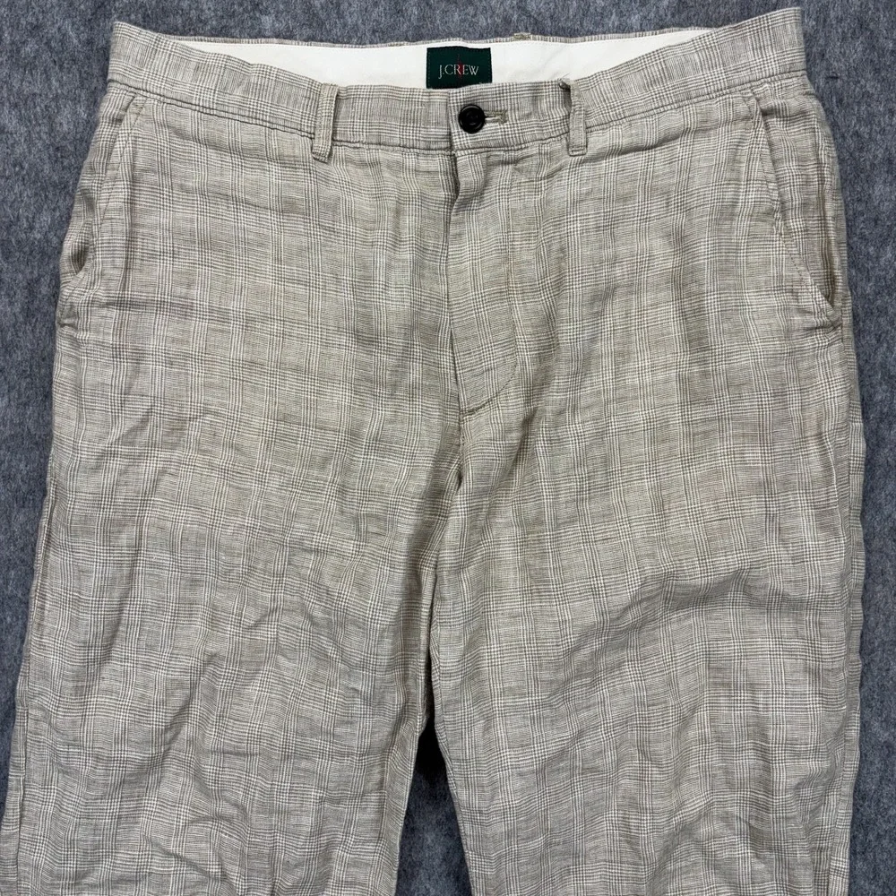 J Crew Oarsman Linen Pants Men's 34x30 Glen Plaid Tan Lightweight